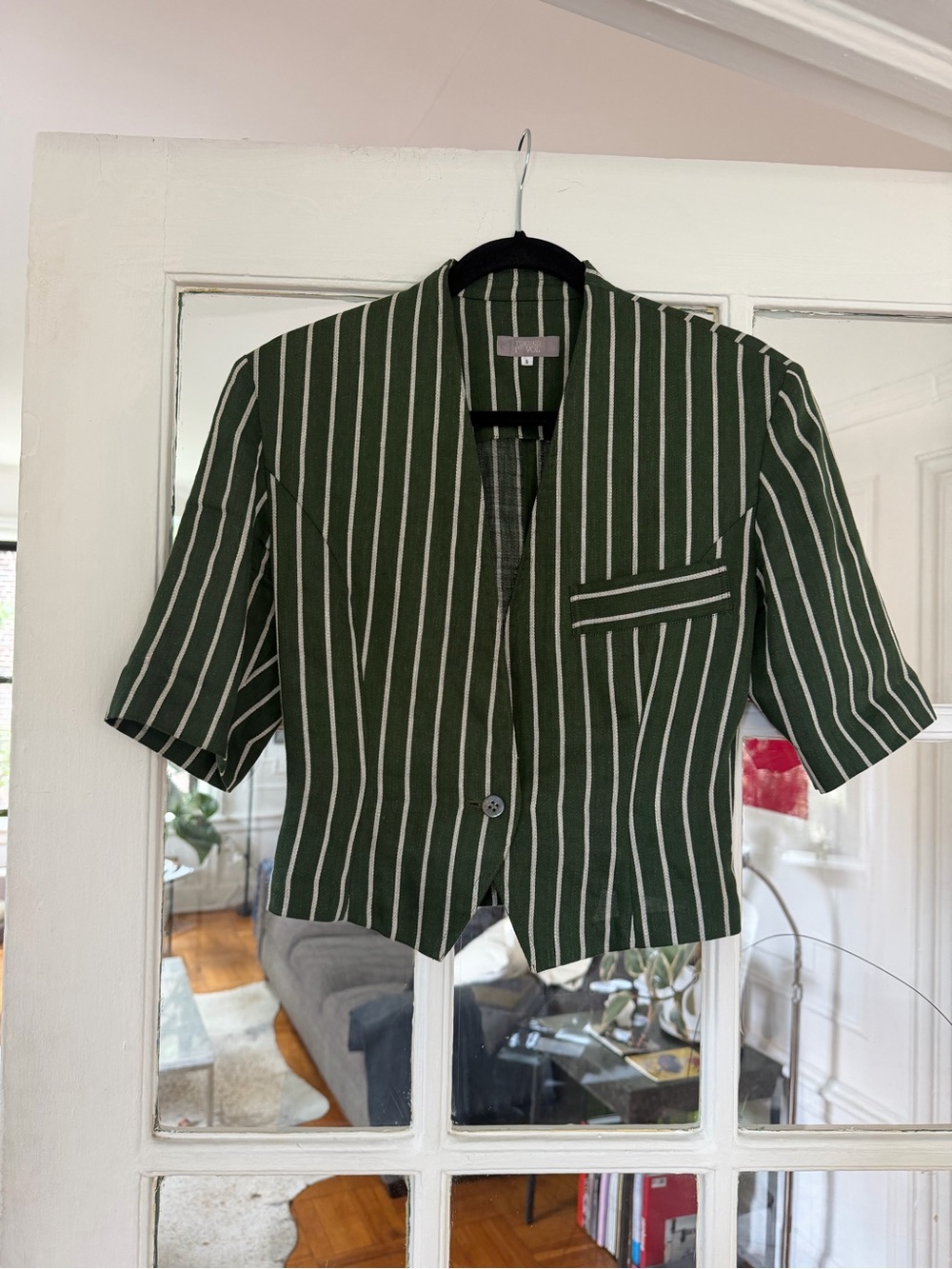 Women's Forest Green Striped Vintage Short-Sleeve Blazer